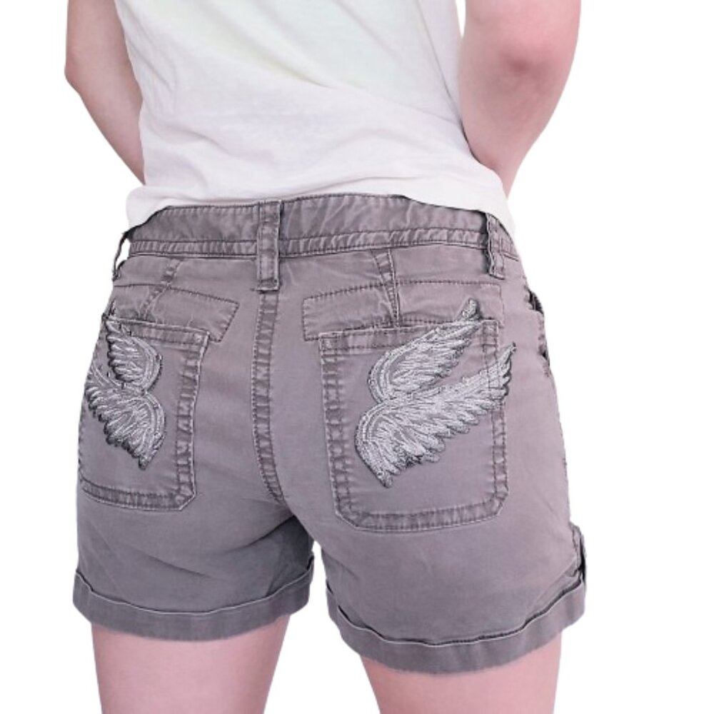 Miss Me Mauve Purple Cargo Denim Shorts Embroidered Wings Back Pockets - 28 - Picture 5 of 14